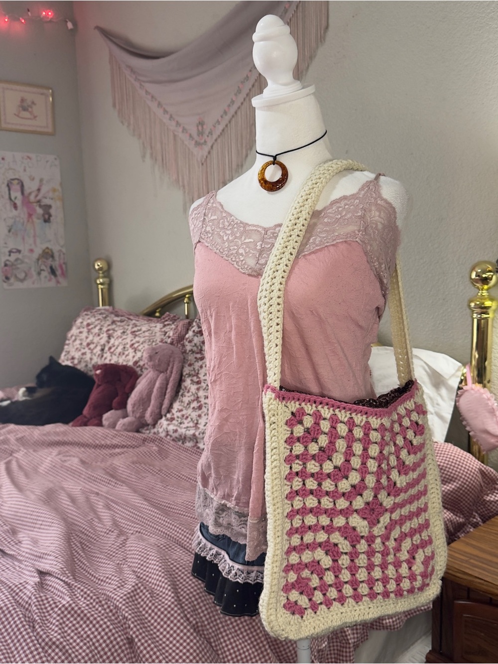 Cream and Pink Crochet Shoulder Bag - Handmade Boho Style - Picture 2 of 9